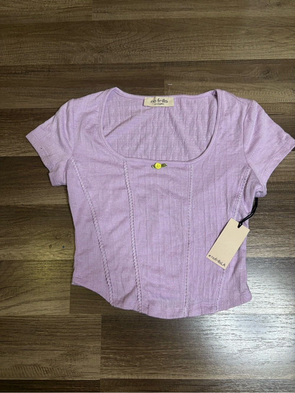 No Frills Los Angeles Lavender Knit Square Neck Short Sleeve Cropped Blouse M